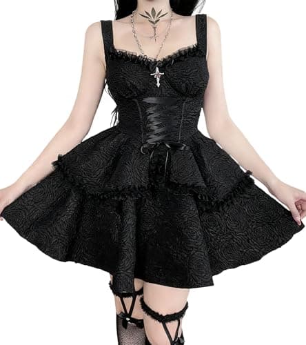 Image of DINGJIUYAN Gothic Sexy Black V Neck Lace Up Dress Y2K Aesthetic Grunge Punk High Waist Lace Trim Corset Dresses Ladies Party Dress