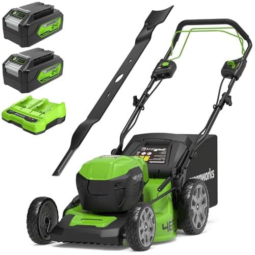 Image of Greenworks 2x24V Self Propelled Cordless Lawnmower, 46cm Cutting Width, PLUS Two 4Ah Batteries and Twin Charger GD24X2LM46SPK4X + Greenworks Tools 46 cm Replacement Blade -ALM-46BL-GW