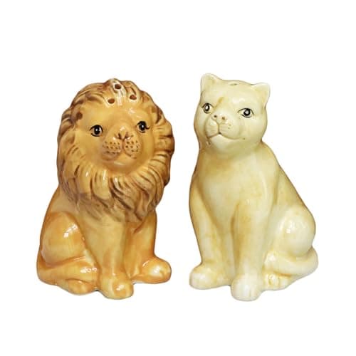 Image of Salt and Pepper Shakers Lion and Lioness Ceramic Sitting Cats Kitchen Cruet Pots