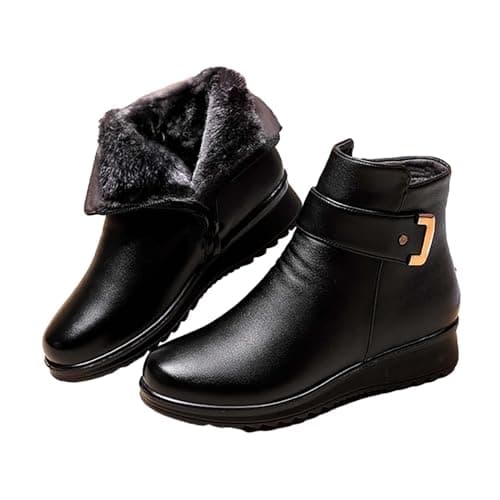 Image of UK 5 Women's Black Low Wedge Heel Ankle Booties Faux Fur Lined Elegant Boots Soft Leather Side Zipper Sparkling Rhinestones Winter Warm Thickening Snow Boot Footwear Black 2