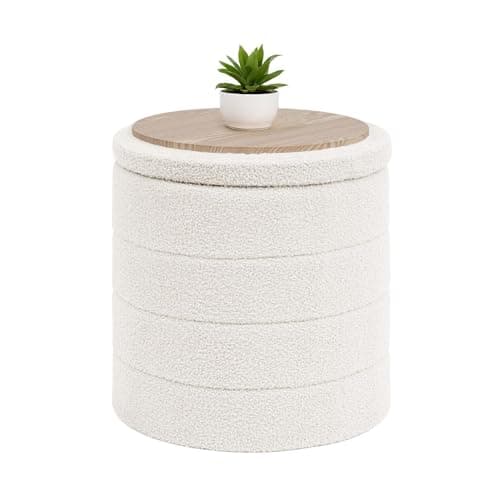 Image of Bonlife Boucle Ottoman Storage, Foot Rest Stool Seat, Folding Footstool for Living Room, Sherpa Ottoman for Bedroom, Cream, 43x43x45 cm