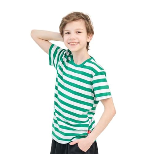 Image of Cozozn Girls' Short Sleeve Boys Striped T Shirt Cotton Kids Crew Neck Tees Tops, Green and White Stripes, 10-11 Years