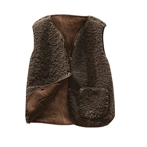 Image of Brown Polar Fleece Gilets for Women UK V Neck Button Down Sleeveless Jackets with Pockets, Ladies Casual Warm Waistcoat, Autumn Winter Plus Size Fleece Bodywarmer Going Out XXL