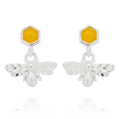 Image of Equilibrium Honey Bee Honeycomb Silver Plated Stud Earrings with Yellow Enamel Detail