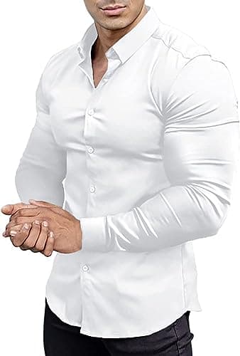 Image of EOUOSS Men’s Muscle Fit Dress Shirts Athletic Slim Fit Long Sleeve Stretch Casual Button Down Shirt, White, Large