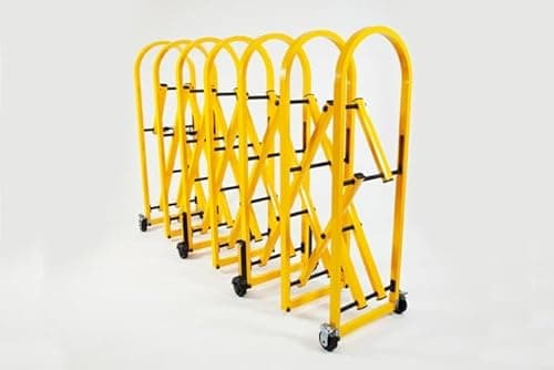 Image of The Ramp People Expandable Safety Barrier on Wheels Yellow - Expands to 2.1m, 1.8m Height Concertina Barrier Metal Heavy Duty Extendable Pedestrian Barricade