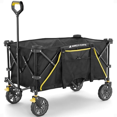 Image of Gorilla Carts 7 cu ft 185L Capacity Foldable Festival Wagon Collapsible Durable All Terrain Utility Pull Camping Wagon with Oversized Bed and Built-in Cup Holders, Garden Trolley Black Load up to 70kg