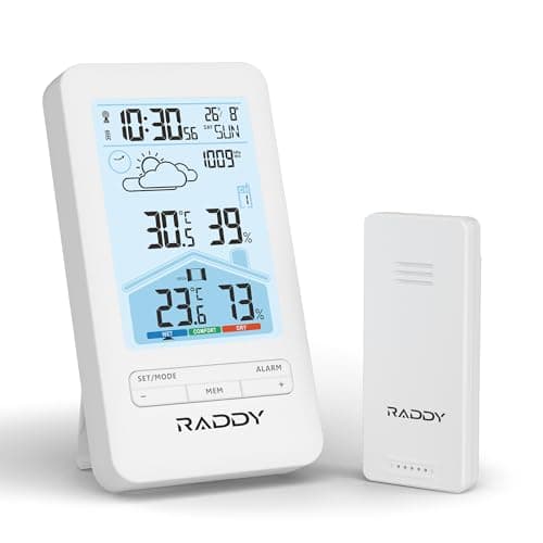 Image of Raddy V4 Wireless Weather Station with Outdoor Sensor, indoor outdoor Temperature & Humidity Monitor with Atomic Clock, Weather Forecast, Dual Alarm, USB-C Rechargeable, 5-Level Backlight for Home