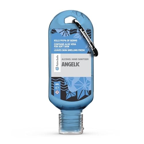 Image of Palm Safe Angelic 60ml Anti Bacterial Premium Hand Sanitiser Travel Size Refillable Clip Bottle Quick Drying Non Sticky Extra Moisturising Kills 99.9% of Viruses and Bacteria