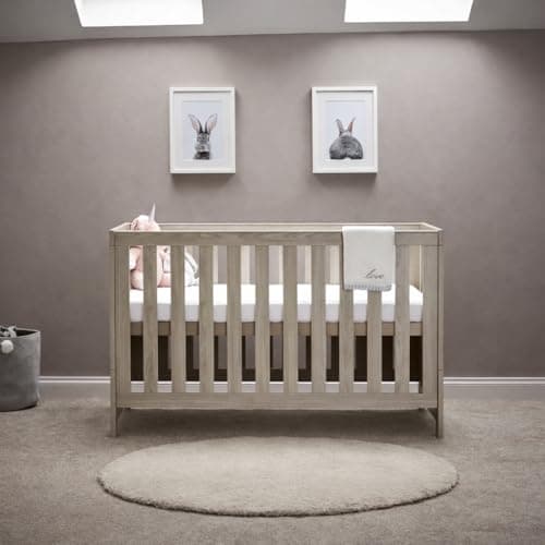 Image of Obaby Nika Cot Bed – Grey Wash Wooden Baby Cot Bed – 3 Position Adjustable Mattress Base – Converts to Toddler Bed – Suitable from Birth to Approx. 4 Years