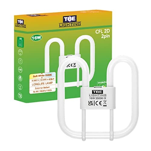 Image of TBE Lighting 16w 2D 2-PIN CFL Energy Saving Lamps - DD Fluorescent Bulbs - 2-Pin GR8 Base Fittings - Long Life Lamp, Soft White 3500K (Single Unit)
