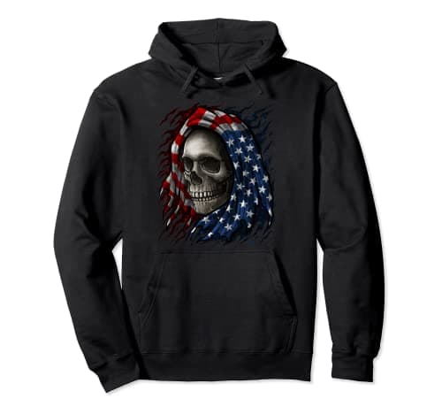 Image of American Flag Skull Patriotic July 4th USA Patriot America Pullover Hoodie