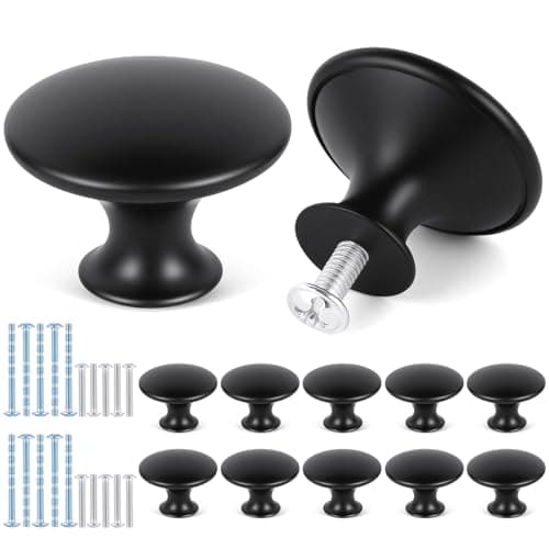 Image of OSDUE 10 PCS Black Cabinet Knobs, Single Hole Cupboard Handles, 30mm Round Mushroom Aluminum Alloy Door Knob with Screws for Cupboards Draws Kitchen Dresser Wardrobe