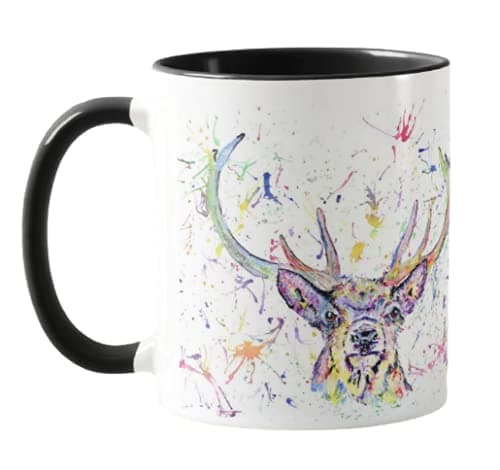 Image of Vixar Stag Scottish Wildlife Watercolour Rainbow Art Coloured Mug Cup, Gift, Birthday, Work, Office, Christmas Tea Coffee (Black)
