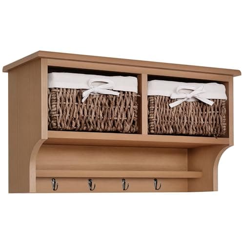 Image of HOMCOM Entryway Coat Rack Wall Mounted Shelf w/ 2 Corn Husk Baskets and Hooks, Brown