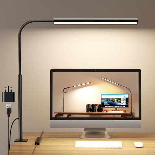Image of WHW3WIN LED Desk Lamp with Clamp - Flexible Gooseneck - 5 Lighting Modes, 11 Brightness Levels, Timer & Memory, Eye-Comfort Study/Nail Light, 12W Adapter Included - Black