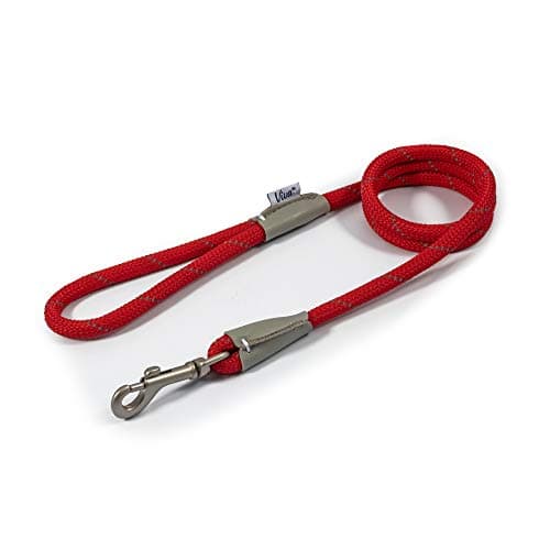Image of Ancol Viva Reflective Rope and Leather Snap Dog Lead - Red - Durable Weatherproof Poly Weave Puppy Walking Accessory - 1.07m x 10mm