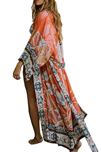 Image of LikeJump Women's Long Floral Kimono Dressing Gown Beach Bikini Cover-Ups Maxi Dress Plus Size Summer Robe