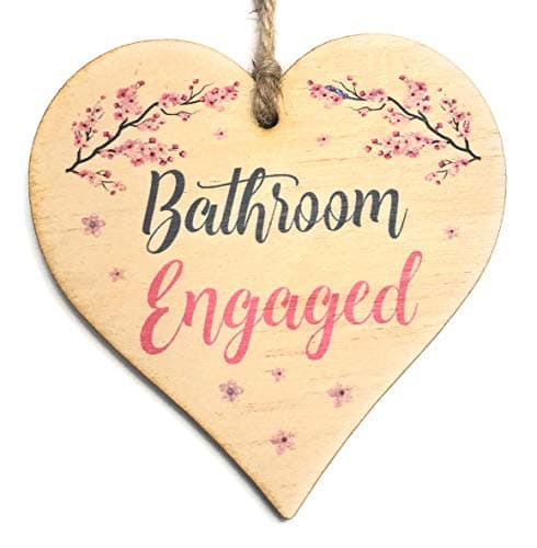 Image of Engaged Vacant Bathroom Door Sign - Double Sided Wooden Heart Shaped Plaque – Decorative Cherry Blossom Design by Maisie Moo – Includes Hanging Twine