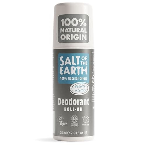 Image of Salt of the Earth - Natural Deodorant Roll On for Men - Certified 100% Natural Origin Ingredients - Vegan, Long Lasting Protection, Leaping Bunny Approved - Made in the UK - Vetiver & Citrus - 75ml