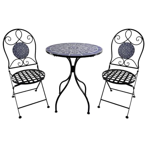 Image of BrackenStyle Metal Mosaic Folding Bistro Garden Set - 60cm Round Table and 2 Foldable Chairs Outdoor/Indoor Patio Seating (Purple & White, 3 Piece)