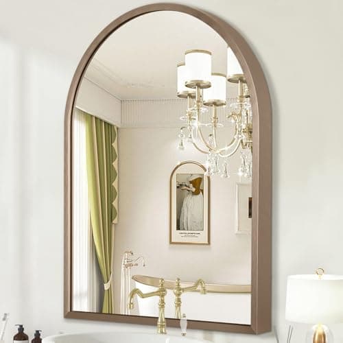 Image of HLFMVWE Large Arched Wall Mirror Aluminum Alloy Frame Bathroom Mirror Brushed Metal Vanity Wall Mounted Mirror for LivingRoom Bedroom Entryway Brass 65 x 45cm
