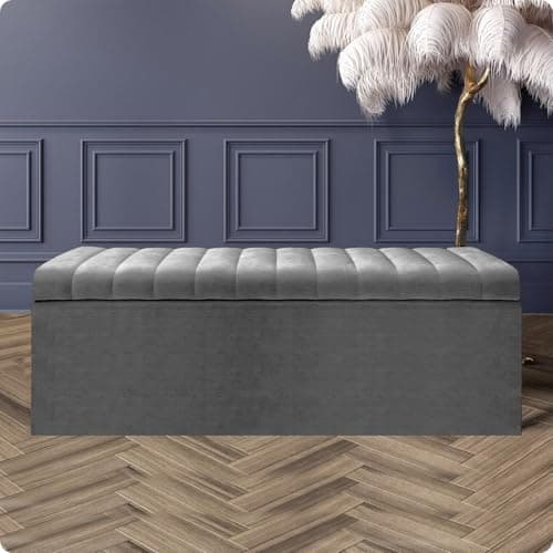 Image of AZ Interiors Royal Furniture Naples Lined Upholstered Ottoman Storage Box, Naples Storage Shoe Bench, End of Bed Bench, Rectangle Coffee Table with Storage (Dark Grey Naples, 4ft6 (137x40x40) CM)