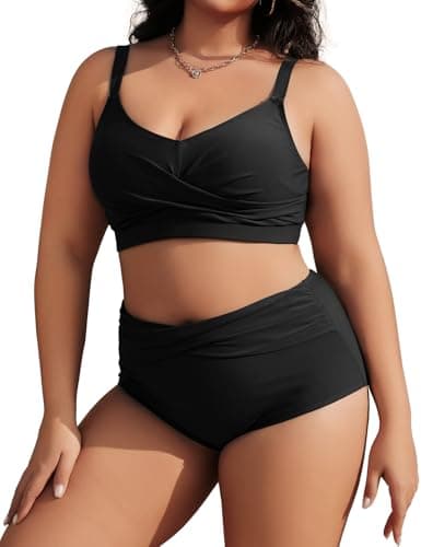Image of Tuopuda Plus Size Bikini Sets for Women Two Piece Bikini Top High Waisted Bikini Bottom Tummy Control Ruched Bathing Suits Swimming Costume 2 Piece Padded Beachwear Push Up Swimwear, Black, 3XL