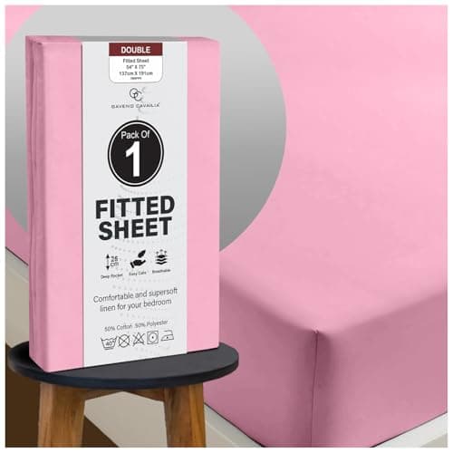 Image of GC GAVENO CAVAILIA Easy Care Deep Fitted Sheets Double Bed (25 cm), Breathable & Lightweight Plain Dyed Double Bed Sheet, Non Iron Polycotton Elasticated Corner Bedding Double Fitted Sheet, Blush Pink
