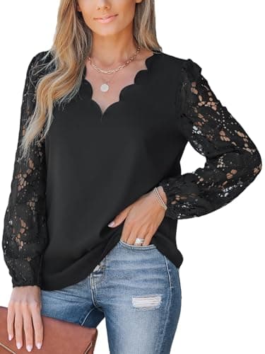 Image of CUPSHE Women Blouse Floral Lace Scalloped Top Long Sleeve V Neck Elegance Shirt Black L