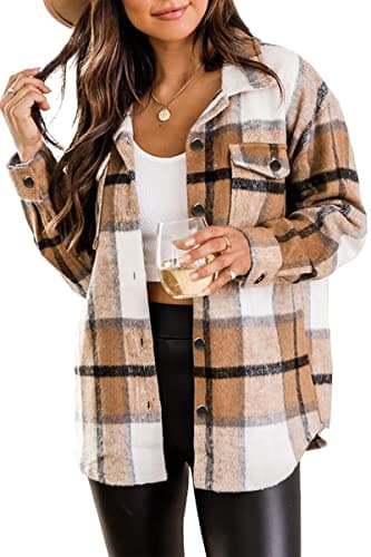 Image of Timuspo Plaid Shacket Ladies Cotton Checked Shirt Oversize Boyfriend Checkered Jacket Outerwear Casual Long Sleeve Blouse with Pocket Khaki