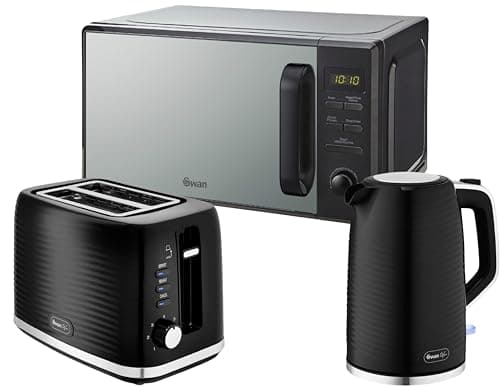 Image of Swan Wave Black 1.7L 3KW Kettle, 2 Slice Toaster & 20L 800W Microwave SM4421BLK - Contemporary Design Kitchen Set with a Premium Sleek Black Finish