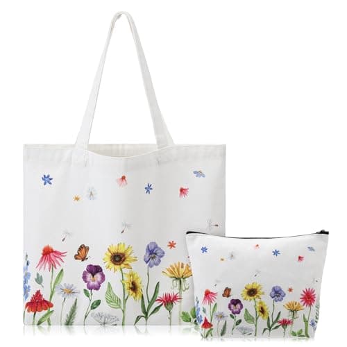 Image of ViEinkaufen Flower Canvas Tote Bag with Inner Pocket Gifts for Women Reusable White Washable Foldable Girls Shopping Makeup Bag Birthday Present for Her Present for Mum Auntie Teacher Friends