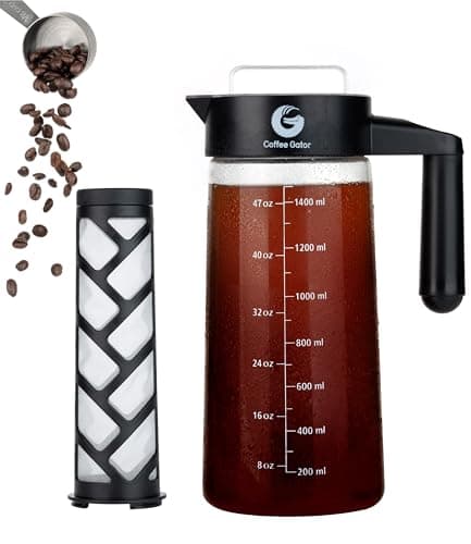 Image of Coffee Gator Cold Brew Coffee Maker - 47 oz Iced Tea and Iced Coffee Maker and Pitcher with Borosilicate Glass Carafe, Filter - Black