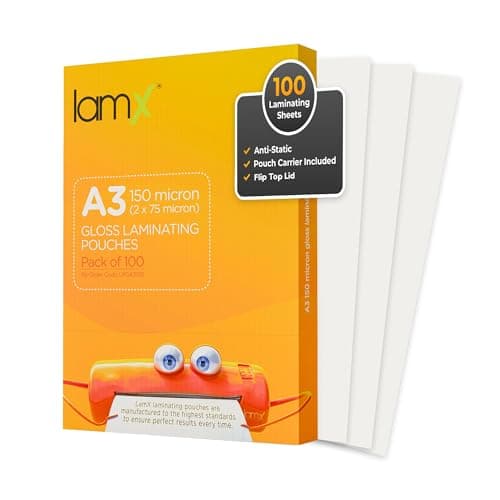 Image of LamX A3 Laminating Pouches 150micron, High Gloss Finish Sheets, Anti-Static Formula Laminating Pouches A3, 150 Micron (75+75 Micron) Pack of 100 Laminating Sheets, Free Pouch Carrier Included