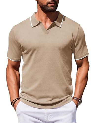 Image of COOFANDY Men's Polo Shirts Short Sleeve Mens Casual Smart Poloshirts Designer Collar T Shirt Golf Tops Khaki S