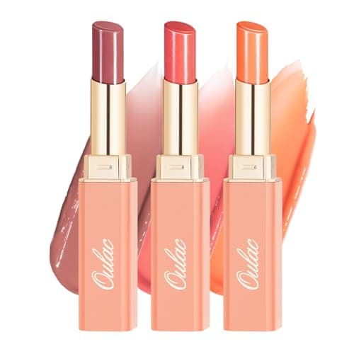 Image of Oulac Moisture Shine Lipstick Set - Moisturising Rich Red-Brown, Orange Lipstick & Coral Lipstick, Medium Coverage Lip Color Tinted Lip Balm for Dry Lips | Glossy Finish, Juicy Look, Vegan (17/18/21)