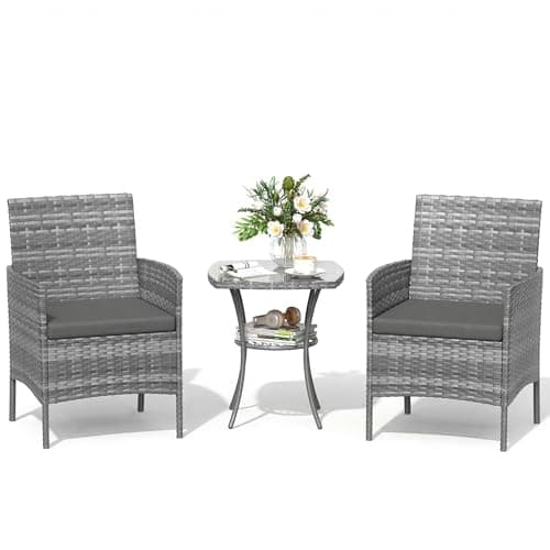 Image of Amopatio 3 Pcs Rattan Garden Furniture Sets, Outdoor Bistro Set with Table and Chairs, Washable Cushions for Balcony, Patio, Backyard, Grey