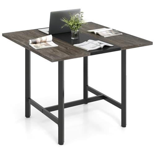 Image of COSTWAY 100CM Square Computer Desk, Wooden Conference Room Table Writing Workstation with Thickened Tabletop and Heavy-duty Metal Frame, Home Office Study Desk PC Laptop Table (Grey)