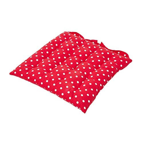 Image of HOMESCAPES Red Polka Dot Seat Pad Cushion for Dining Chairs 100% Cotton Chair Pad with Straps 40 x 40 cm