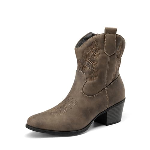 Image of DREAM PAIRS Women's Western Cowboy Cowgirl Embroidered Ankle Boots Fashion Low Chunky Heel Round Toe Fall Short Booties Shoes,Size 8,Camel,SDAB2432W