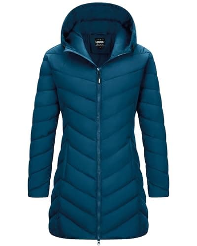 Image of Outdoor Ventures Women's Long Jacket Lightweight Quilted Hooded Coat Insulated Ladies Jacket for Trekking, Climbing & Skiing Ceramic Blue M