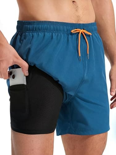 Image of Arcweg Men's Swimming Shorts with Compression Liner Mens Swimming Trunks 2 in 1 Swim Shorts with Lining with Zipper Pockets Quick Dry Surfing Stretchy Beach Shorts Peacock Blue L(UK)