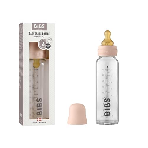 Image of BIBS Baby Glass Bottle. Anti-Colic. Round Natural Rubber Latex Teat. Supports Natural Breastfeeding, Complete Set - 225 ml, Blush