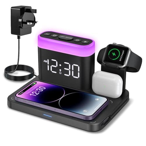 Image of ANJANK Wireless Charging Station with Digital Alarm Clock,5-in-1 Mag-safe Wireless Charger Stand,7 Night Lights,Charging Dock for iPhone 17/16/15/14/13/12/Pro/Max/Plus,Apple Watch,AirPods,Bedside&Desk