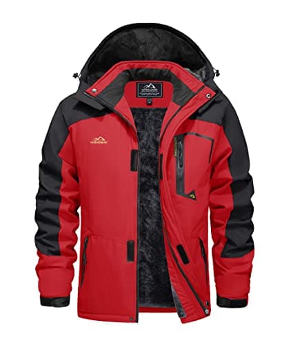 Image of EKLENTSON Men's Winter Fleece Jacket Full Zip Waterproof Ski Snow Jacket Windproof Traveling Mountain Hooded Coat Red,M