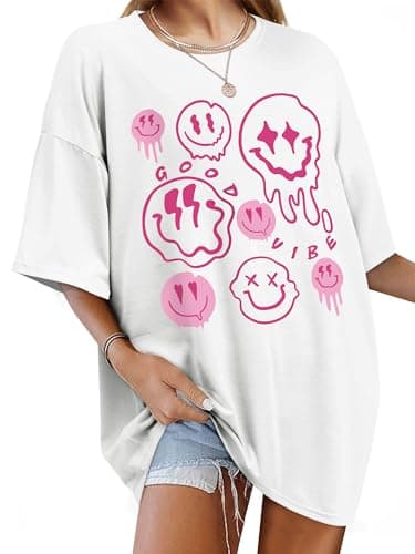 Image of WIEIYM Women's Oversized T Shirt Ladies Baggy T Shirts Breathable Summer Tee Crew Neck Tunic Tshirt Casual Short Sleeve Tops Printed with Smile Face Graphic White