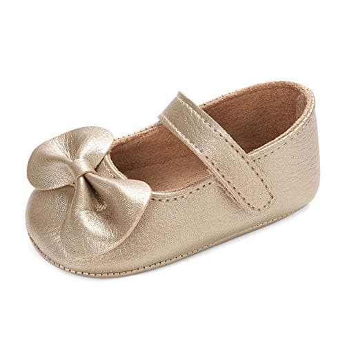 Image of LACOFIA Baby Girls Anti-Slip First Walking Shoes Infant Bowknot Mary Jane Party Shoes Prewalkers Gold 3-6 Months