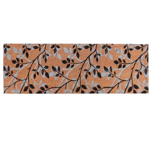 Image of Extra Long Printed Coir Doormat 40x125cm Non-Slip Backing Large Natural Runner for Hallway Entrance Indoor Outdoor Dirt Trapping Heavy Duty Coconut Fibre Mat [Grey & Black Leaf]