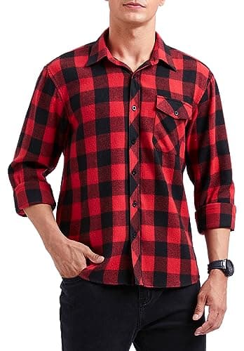 Image of HISDERN Mens Checked Flannel Shirts Long Sleeve Casual Plaid Shirt for Men Lumberjack Shirts Button Down Regular Fit Red L